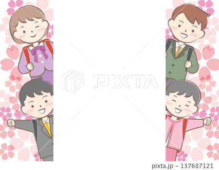 ランドセルを背負った小学生と桜のフレーム　入学　入学式 137687121