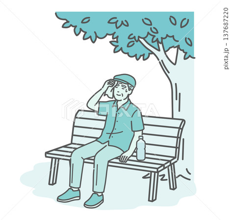 木陰のベンチで休憩して涼むシニア男性(おじいちゃん)のイラスト 木陰のベンチで休憩して涼むシニア男性(おじいちゃん)のイラスト 137687220