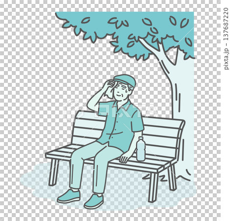 一幅插圖描繪了一位老人（爺爺）在樹蔭下的長椅上休息納涼。 137687220