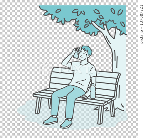 一幅插圖,描繪了一名男子(成年人或年輕人)在樹蔭下的長椅上休息納涼。 一幅插圖,描繪了一名男子(成年人或年輕人)在樹蔭下的長椅上休息納涼。 137687221