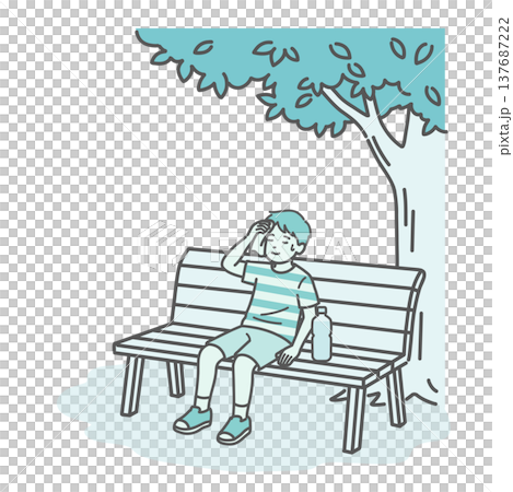 An illustration of a boy (child) resting and cooling off on a bench in the shade of a tree. 137687222