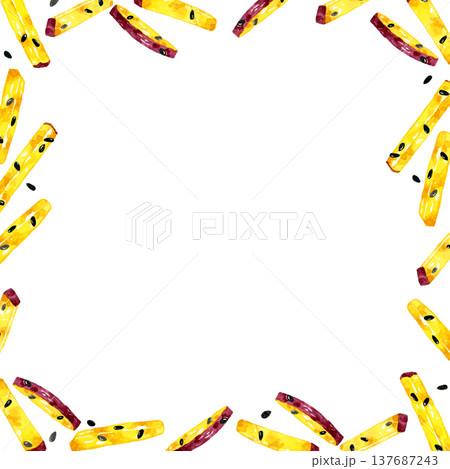スティック状の大学芋のフレーム　手描き水彩イラスト背景素材 137687243