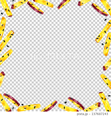 スティック状の大学芋のフレーム　手描き水彩イラスト背景素材 137687243