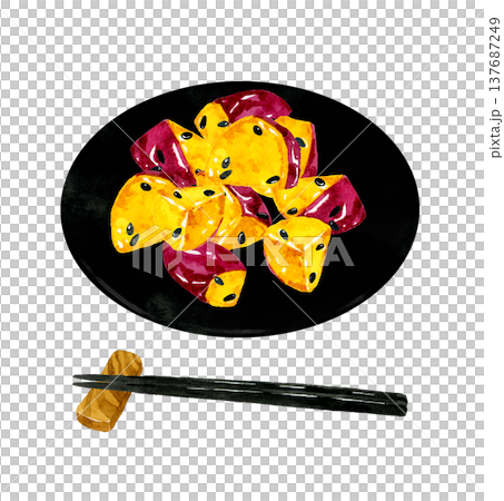 お皿に盛り付けた大学芋　手描き水彩イラスト素材 137687249