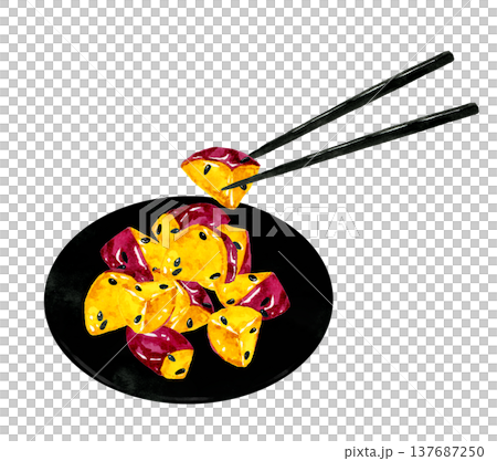 お皿に盛り付けた大学芋　手描き水彩イラスト素材 137687250