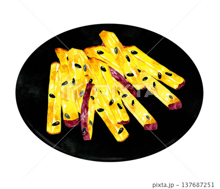 お皿に盛り付けた大学芋 手描き水彩イラスト素材 お皿に盛り付けた大学芋 手描き水彩イラスト素材 137687251