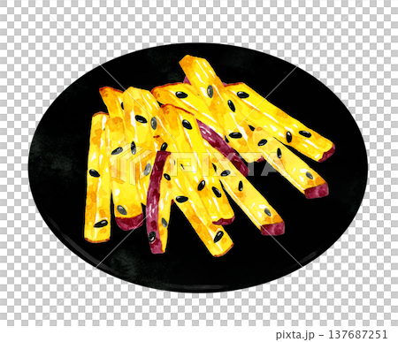 お皿に盛り付けた大学芋 手描き水彩イラスト素材 お皿に盛り付けた大学芋 手描き水彩イラスト素材 137687251