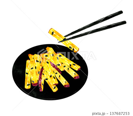 お皿に盛り付けた大学芋　手描き水彩イラスト素材 137687253