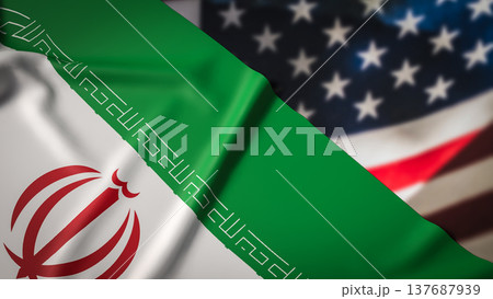 Iran National Flag With Blurred United States Flag Background Geopolitical Tension Concept 3d render. 137687939