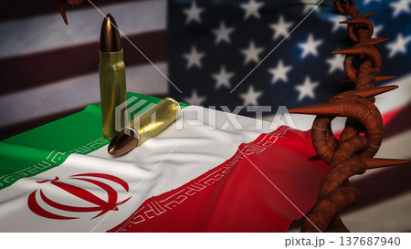 Iran Flag With Bullets and Barbed Wire Against Blurred United States Flag Political Conflict Concept 3d render. Iran Flag With Bullets and Barbed Wire Against Blurred United States Flag Political Conflict Concept 3d render. 137687940