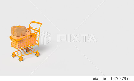Yellow Shopping Cart Filled With Packages Online Shopping Delivery Concept 3d render. Yellow Shopping Cart Filled With Packages Online Shopping Delivery Concept 3d render. 137687952