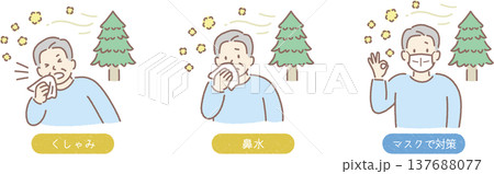 花粉症の症状(くしゃみ、鼻水)マスクで対策_図解_高齢男性 花粉症の症状(くしゃみ、鼻水)マスクで対策_図解_高齢男性 137688077