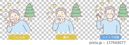 花粉症の症状(くしゃみ、鼻水)マスクで対策_図解_高齢男性 花粉症の症状(くしゃみ、鼻水)マスクで対策_図解_高齢男性 137688077