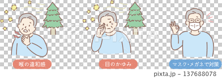 Hay fever symptoms (itchy eyes, sore throat): How to manage them with glasses and a mask - illustrated guide for elderly men Hay fever symptoms (itchy eyes, sore throat): How to manage them with glasses and a mask - illustrated guide for elderly men 137688078