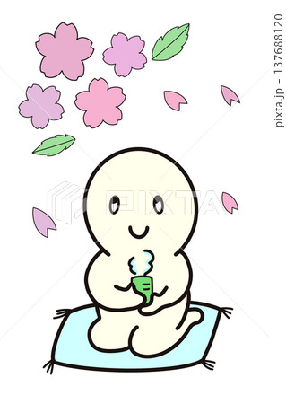 桜 春 座布団に座って お茶を飲む シンプルな人物 桜 春 座布団に座って お茶を飲む シンプルな人物 137688120