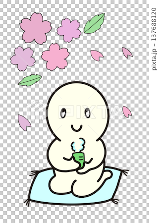 春天，櫻花盛開，一位身著樸素服飾的女子坐在墊子上喝茶。 137688120