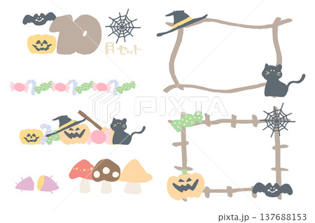 幼稚園・保育園向け 10月の園だより用イラストカット・フレームセット｜シンプル手描き素材シリーズ 137688153