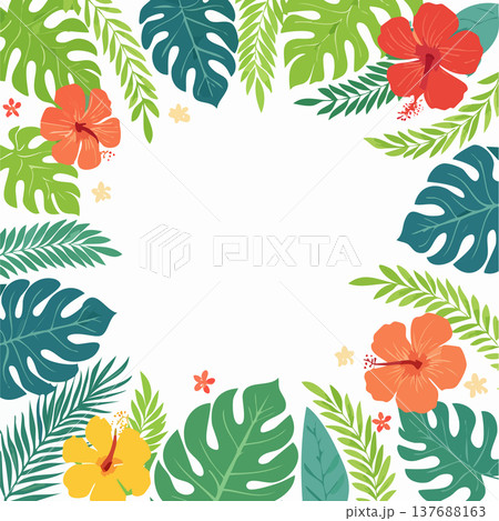 ハイビスカスとモンステラ南国ボタニカルフレーム背景 137688163