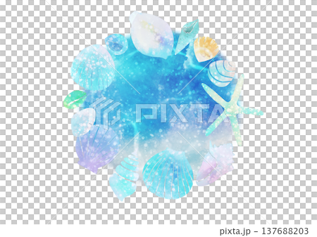 水彩畫描繪了被貝殼環繞的大海 137688203