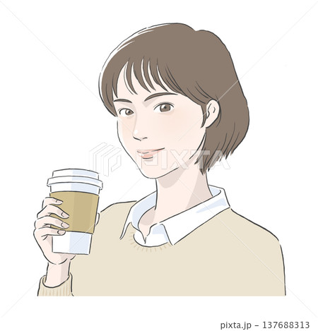 コーヒーを手に持つボブの女性のイラスト コーヒーを手に持つボブの女性のイラスト 137688313