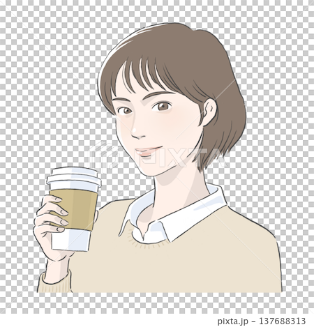 コーヒーを手に持つボブの女性のイラスト コーヒーを手に持つボブの女性のイラスト 137688313