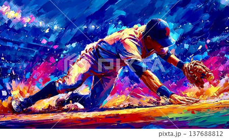 情熱の火花を散らすダイビングキャッチ、魂の野球守備アート 137688812