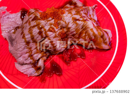 Sushi beef wagyu on red plate. 137688902