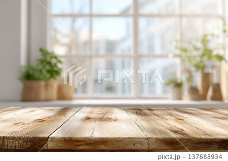 自然光が差し込む室内と木製テーブルの背景素材（コピースペース） 137688934