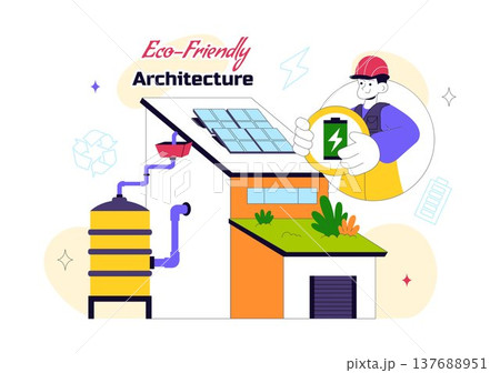 Eco Friendly Architecture Vector Illustration with Sustainable House Solar Panels Wind Energy Green Building Concept and Renewable Technology Design 137688951