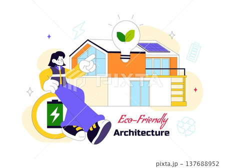 Eco Friendly Architecture Vector Illustration with Sustainable House Solar Panels Wind Energy Green Building Concept and Renewable Technology Design 137688952