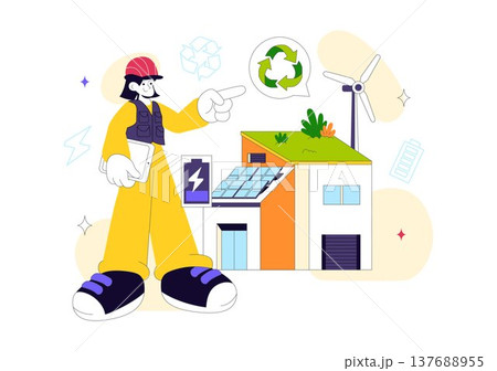 Eco Friendly Architecture Vector Illustration with Sustainable House Solar Panels Wind Energy Green Building Concept and Renewable Technology Design 137688955