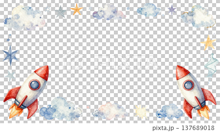 水彩で描いたかわいいロケットと星のフレームイラスト 137689018