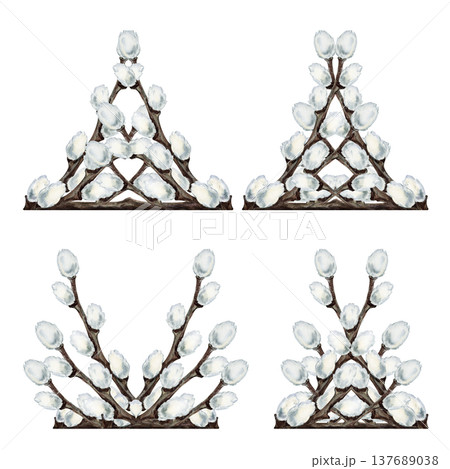 Decorative ornament of pussy willow branches. Watercolor spring botanical element isolated on white background for Easter, wedding, greeting cards, invitations, packaging and textile decoration 137689038