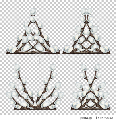 Decorative ornament of pussy willow branches. Watercolor spring botanical element isolated on white background for Easter, wedding, greeting cards, invitations, packaging and textile decoration 137689038