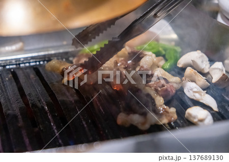 Hanwoo Beef Brisket, marbled Korean Style Meat on the Grill. BBQ rare meat with soft focus 137689130