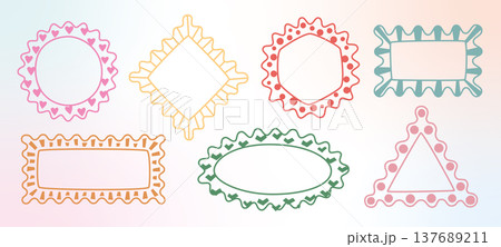 Bright color wavy edges geometric shapes, figures. Doodle kid y2k squiggle vector frames. Holiday stickers, simple ornamental designed outline boxes. 137689211