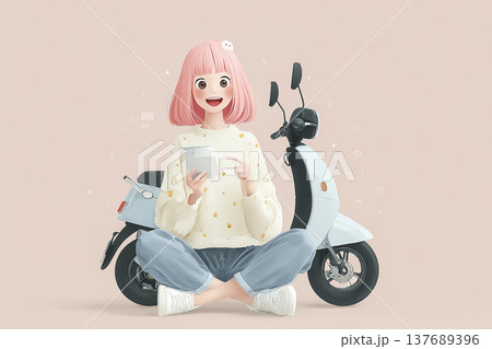 絵美シリーズ：Vスクーターの前でスマホを持つピンク髪の若い女性 絵美シリーズのイラスト素材 137689396