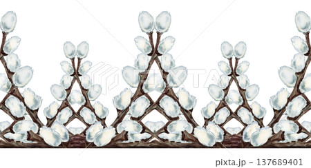 Spring seamless border with pussy willow branches. Watercolor botanical horizontal pattern for wedding invitations, Easter greeting cards, stationery, packaging, textile prints and seasonal decoration 137689401