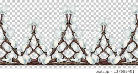 Spring seamless border with pussy willow branches. Watercolor botanical horizontal pattern for wedding invitations, Easter greeting cards, stationery, packaging, textile prints and seasonal decoration 137689401