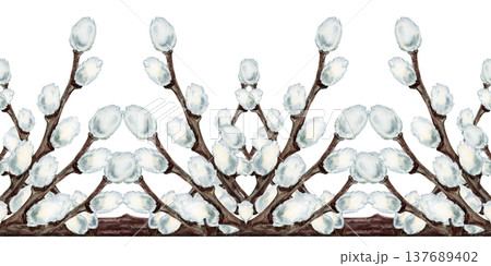 Watercolor seamless border with pussy willow branches. Spring botanical horizontal pattern for wedding invitations, Easter greeting cards, stationery, packaging, textile prints and seasonal decoration 137689402
