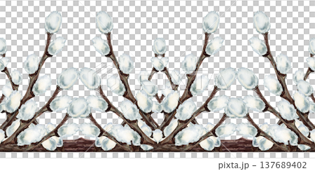 Watercolor seamless border with pussy willow branches. Spring botanical horizontal pattern for wedding invitations, Easter greeting cards, stationery, packaging, textile prints and seasonal decoration 137689402