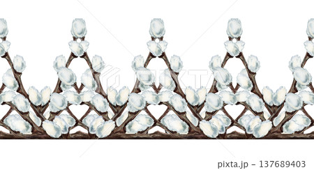 Spring seamless border with pussy willow branches. Watercolor botanical horizontal pattern for wedding invitations, Easter greeting cards, stationery, packaging, textile prints and seasonal decoration 137689403