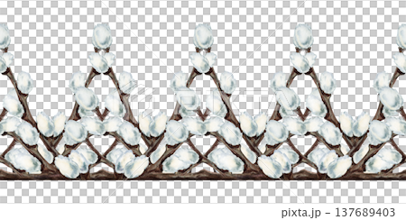 Spring seamless border with pussy willow branches. Watercolor botanical horizontal pattern for wedding invitations, Easter greeting cards, stationery, packaging, textile prints and seasonal decoration 137689403