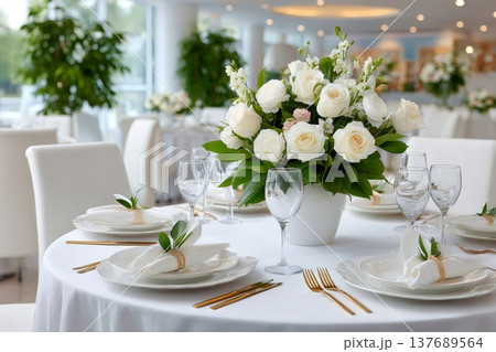 Elegant wedding reception table setting with flowers 137689564
