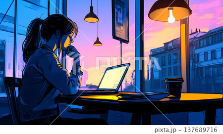 夕焼けのカフェで作業する女性 夕焼けのカフェで作業する女性 137689716
