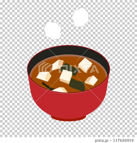 一碗味噌湯，裡面有豆腐和裙帶菜，湯底是紅色的味噌。 137689959