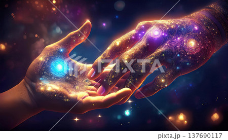 光の中で触れ合う2つの手 137690117