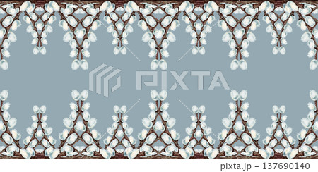 Watercolor botanical seamless border of pussy willow. Spring branches forming elegant top and bottom frame. Perfect for Easter greeting card, church publication, wedding invitation, stationery design 137690140