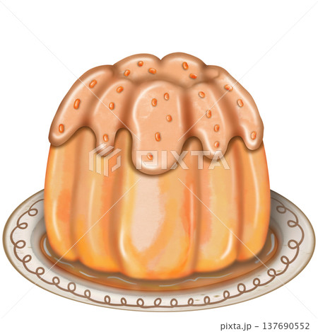 Creamy fluted Orange pudding dessert with fresh orange slice garnish and Red Cherry on Top on a plate and glass In cartoon illustration style. Creamy fluted Orange pudding dessert with fresh orange slice garnish and Red Cherry on Top on a plate and glass In cartoon illustration style. 137690552