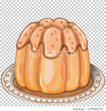 Creamy fluted Orange pudding dessert with fresh orange slice garnish and Red Cherry on Top on a plate and glass In cartoon illustration style. 137690552